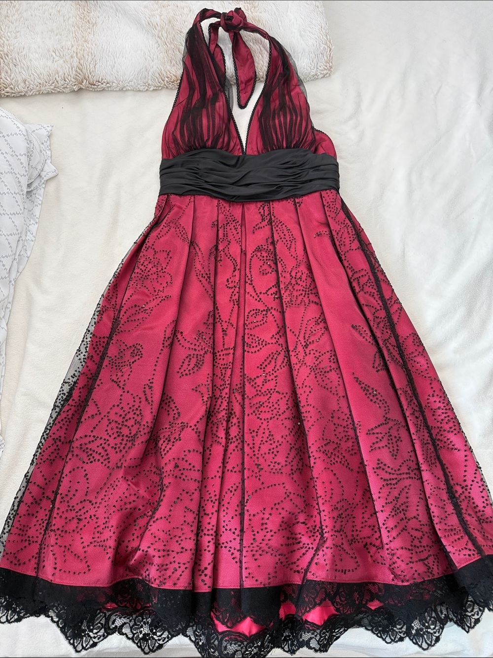 Papell Boutique Red Halter Dress with Black Waist